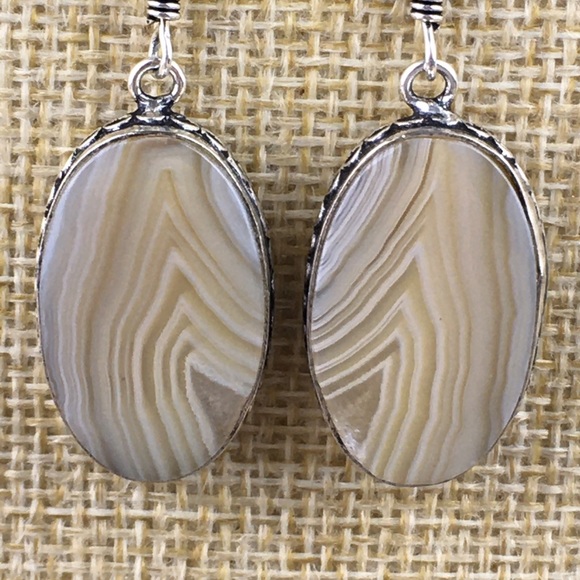 New Striped Agate Stone Silver Hook Dangle Earrings - Picture 7 of 7